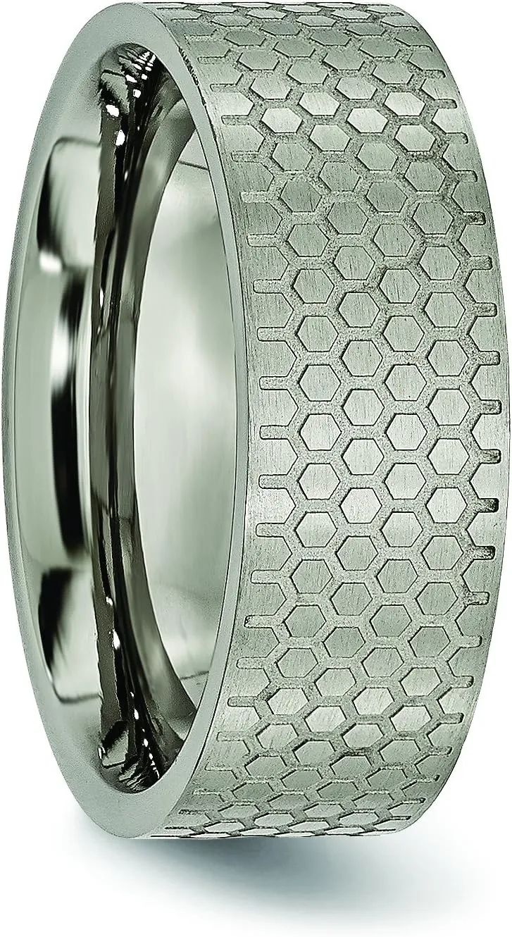 Mens Titanium 8mm Brushed Patterned Flat Wedding Band Ring