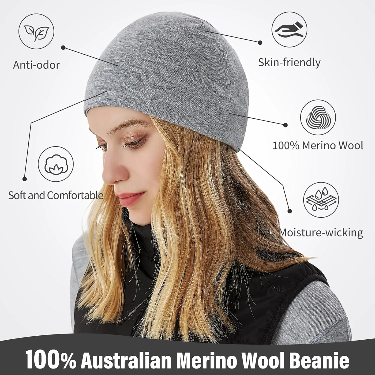 Merino Protect 100% Merino Wool Beanie Men Women Thermal Hats Lightweight Soft Watch Cap for Hiking Running