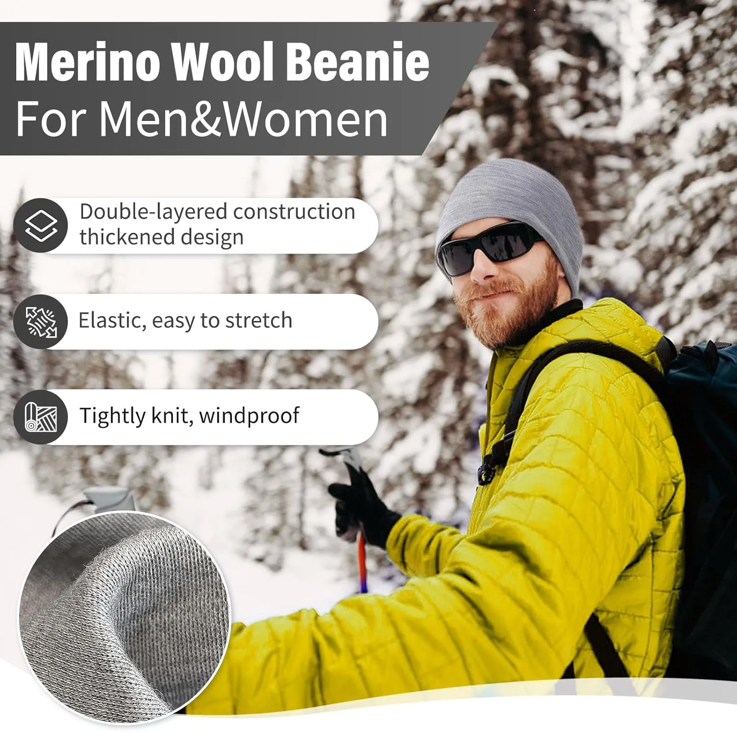 Merino Protect 100% Merino Wool Beanie Men Women Thermal Hats Lightweight Soft Watch Cap for Hiking Running