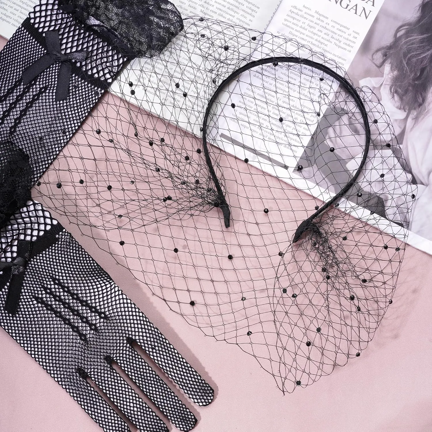 Mesh Veil Fascinator Headband 1920s Headpiece for Women Tea Party Fascinator Hats Gloves Pearl for Cocktail Party Halloween Wedding Bridal (US, Alpha, Medium, Black)