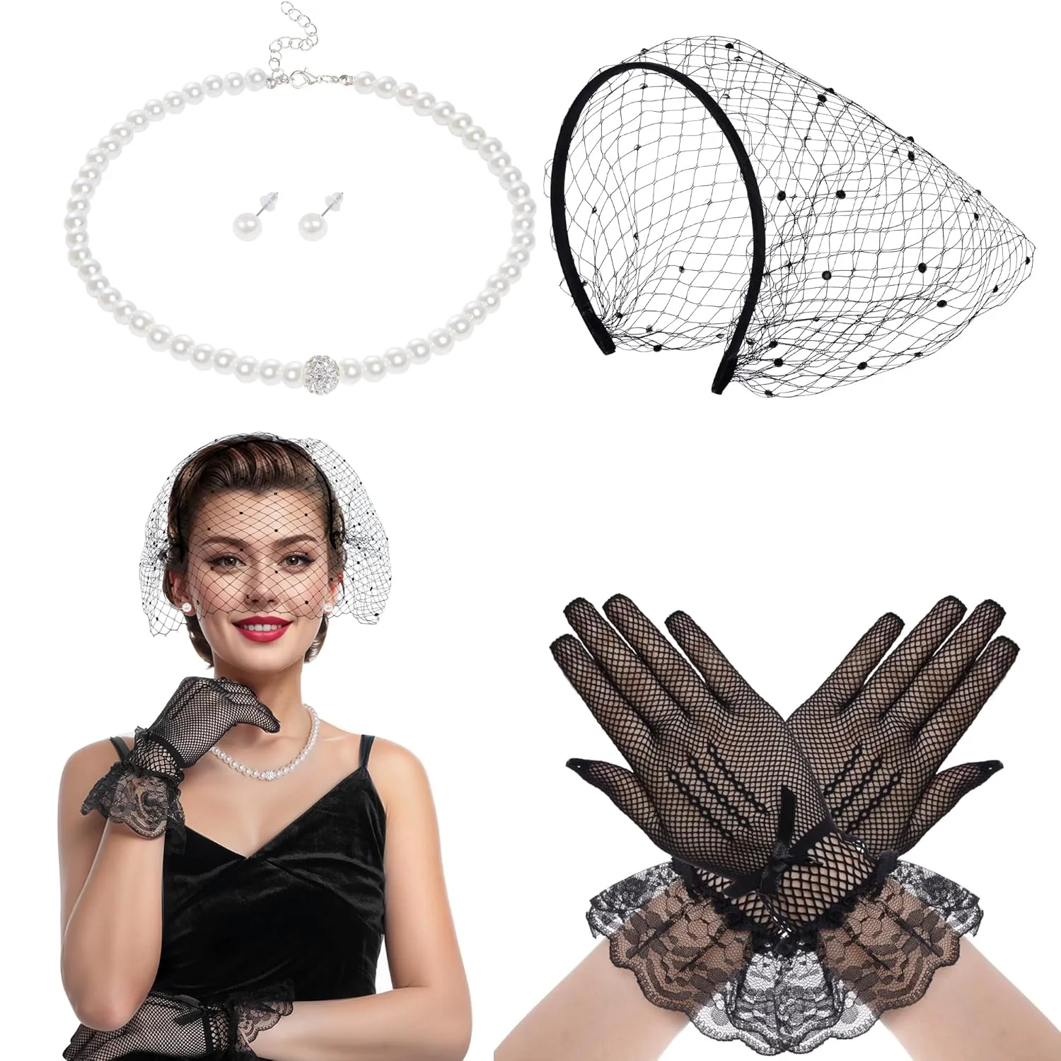 Mesh Veil Fascinator Headband 1920s Headpiece for Women Tea Party Fascinator Hats Gloves Pearl for Cocktail Party Halloween Wedding Bridal (US, Alpha, Medium, Black)