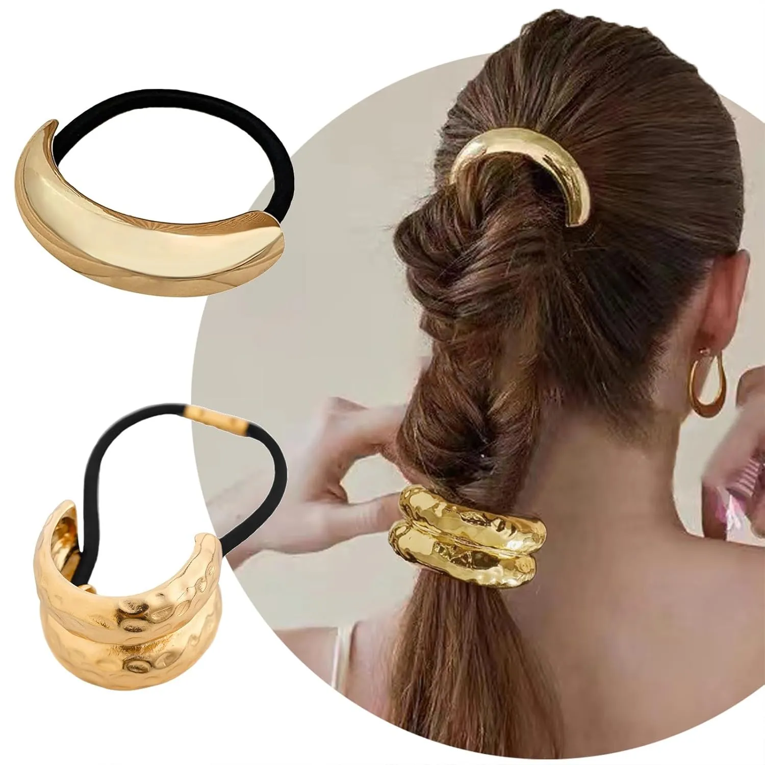 Metal Headband Metal Geometric Elastic Headband Wrapped Around Hair Suitable for Thick Hair Women's Elastic Hairpins Headband Hair Accessories (Gold, Double-Layer)