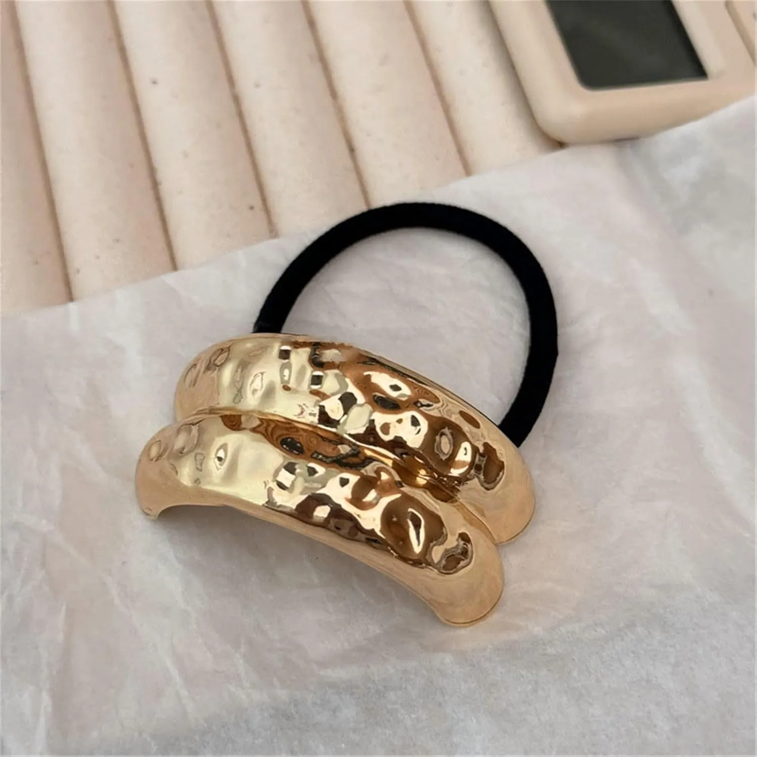 Metal Headband Metal Geometric Elastic Headband Wrapped Around Hair Suitable for Thick Hair Women's Elastic Hairpins Headband Hair Accessories (Gold, Double-Layer)