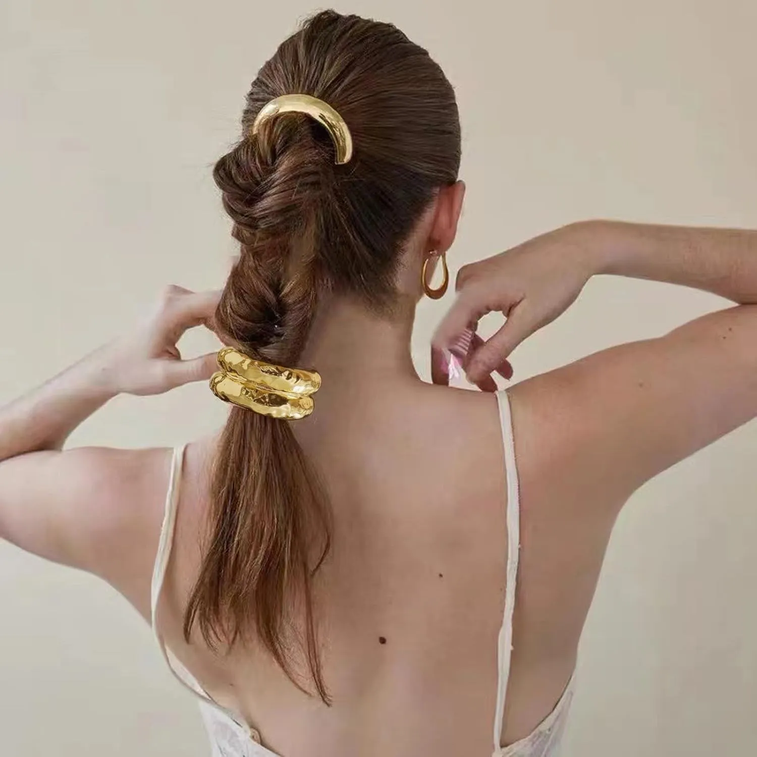 Metal Headband Metal Geometric Elastic Headband Wrapped Around Hair Suitable for Thick Hair Women's Elastic Hairpins Headband Hair Accessories (Gold, Double-Layer)