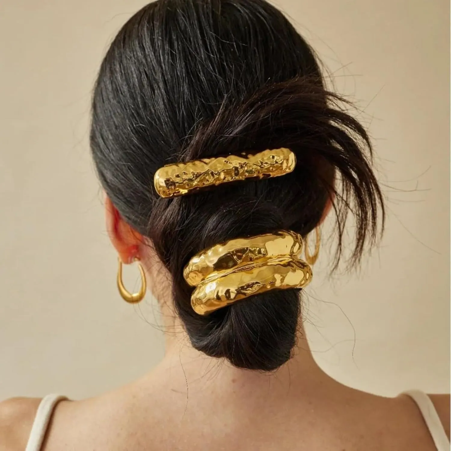 Metal Headband Metal Geometric Elastic Headband Wrapped Around Hair Suitable for Thick Hair Women's Elastic Hairpins Headband Hair Accessories (Gold, Double-Layer)