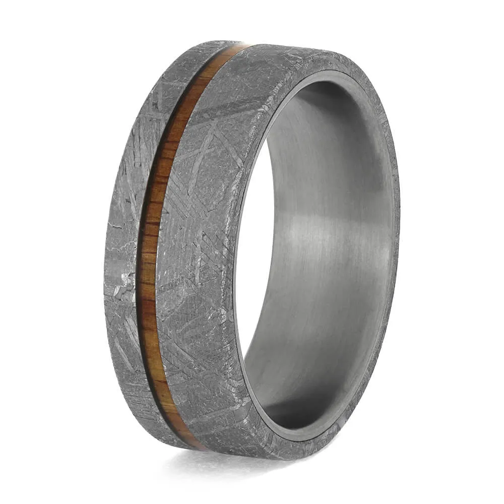 Meteorite Ring with Thin Koa Wood Pinstripe Over Titanium