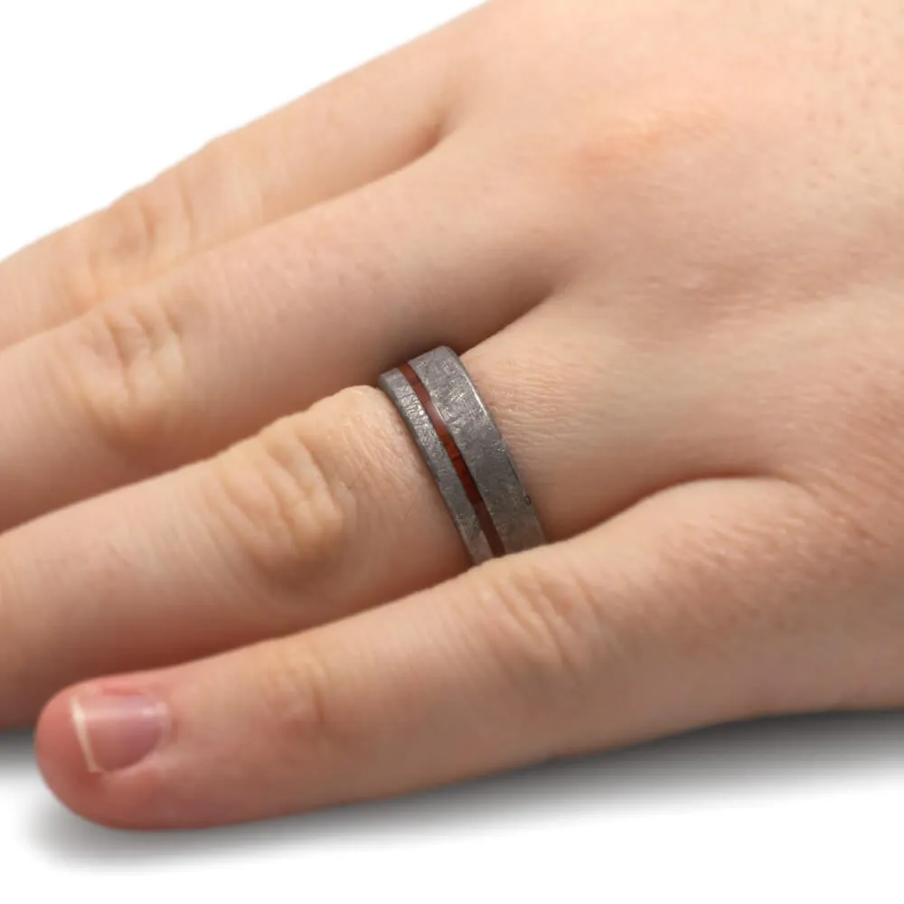 Meteorite Ring with Thin Koa Wood Pinstripe Over Titanium