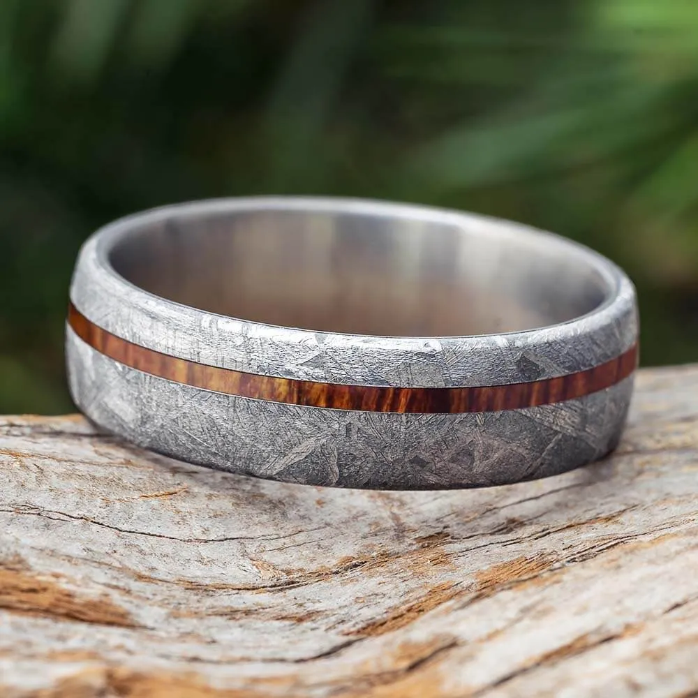 Meteorite Ring with Thin Koa Wood Pinstripe Over Titanium