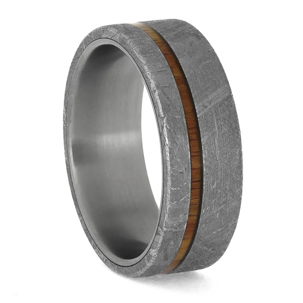 Meteorite Ring with Thin Koa Wood Pinstripe Over Titanium