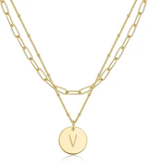 MEVECCO Gold Initial Necklaces For Women 18K Gold Plated Minimalist Double Layered Letter Necklace Personalized Paperclip Link Chain Chokers Dainty Jewelry Gift For Her