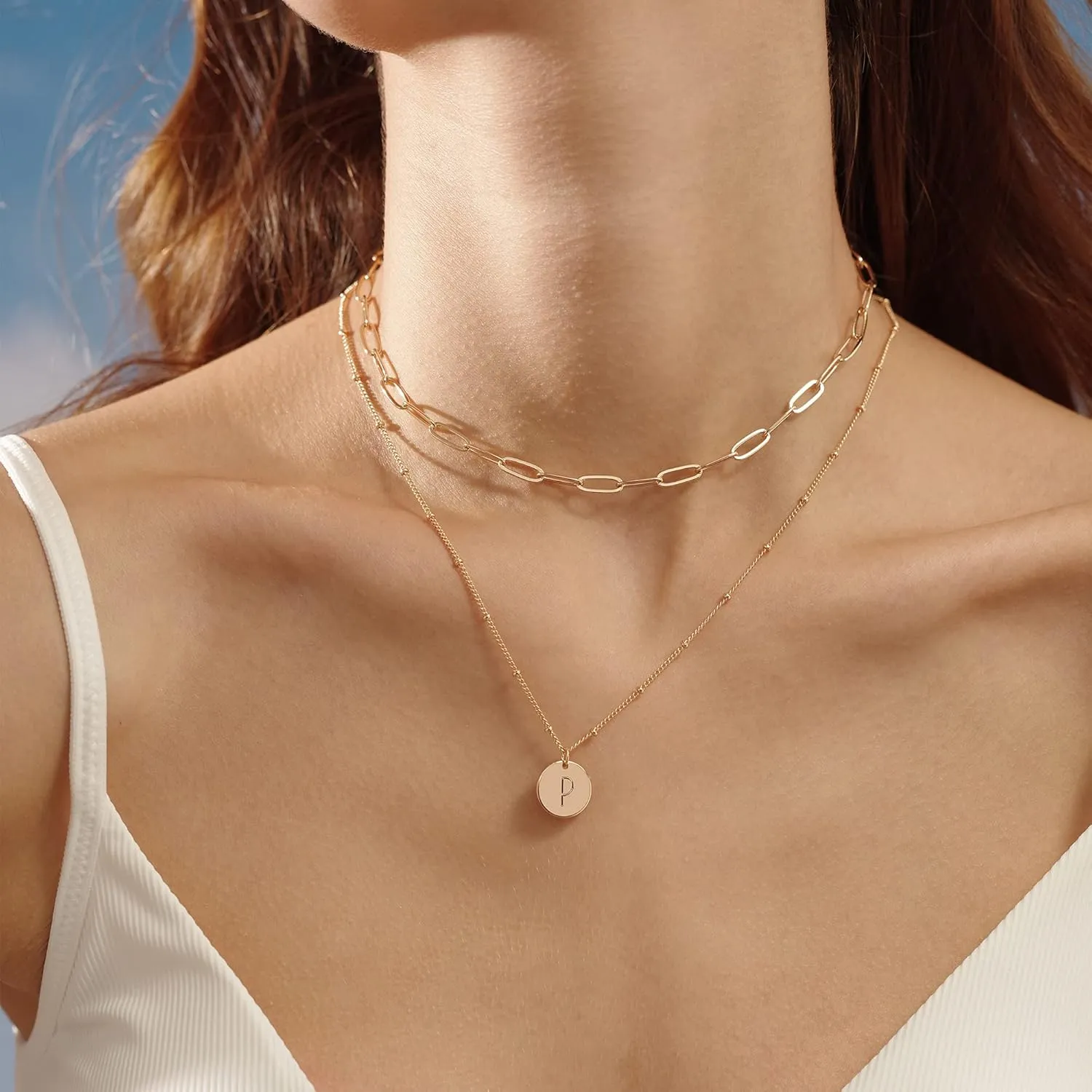 MEVECCO Gold Initial Necklaces For Women 18K Gold Plated Minimalist Double Layered Letter Necklace Personalized Paperclip Link Chain Chokers Dainty Jewelry Gift For Her