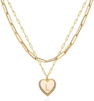 MEVECCO Gold Layered Heart Initial Necklace 18K Gold Plated Alphabet Heart Pendant Necklace Dainty Initial Letter Necklace for Women Minimalist Personalized Jewelry Gift for Her