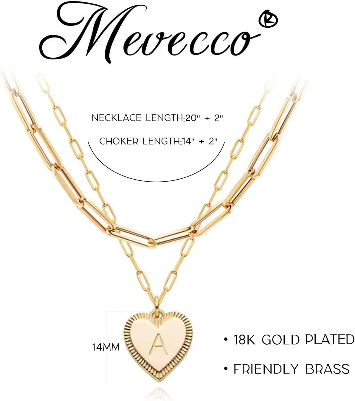 MEVECCO Gold Layered Heart Initial Necklace 18K Gold Plated Alphabet Heart Pendant Necklace Dainty Initial Letter Necklace for Women Minimalist Personalized Jewelry Gift for Her