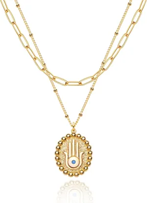 MEVECCO Layered Heart Necklace Pendant Handmade 18k Gold Plated Dainty Gold Choker Arrow Bar Layering Long Necklace for Women