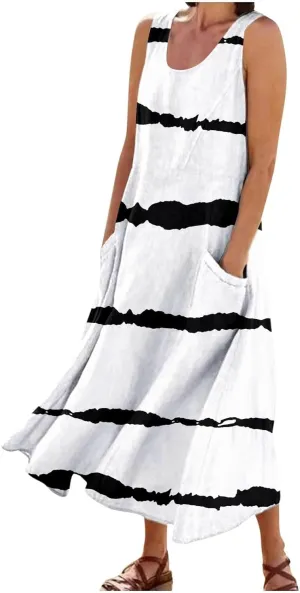 Midi Dresses for Women 2025 Summer Trendy Long Maxi Sleeveless Dresses Crew Neck Flowy Tiered Sun Dress with Pockets
