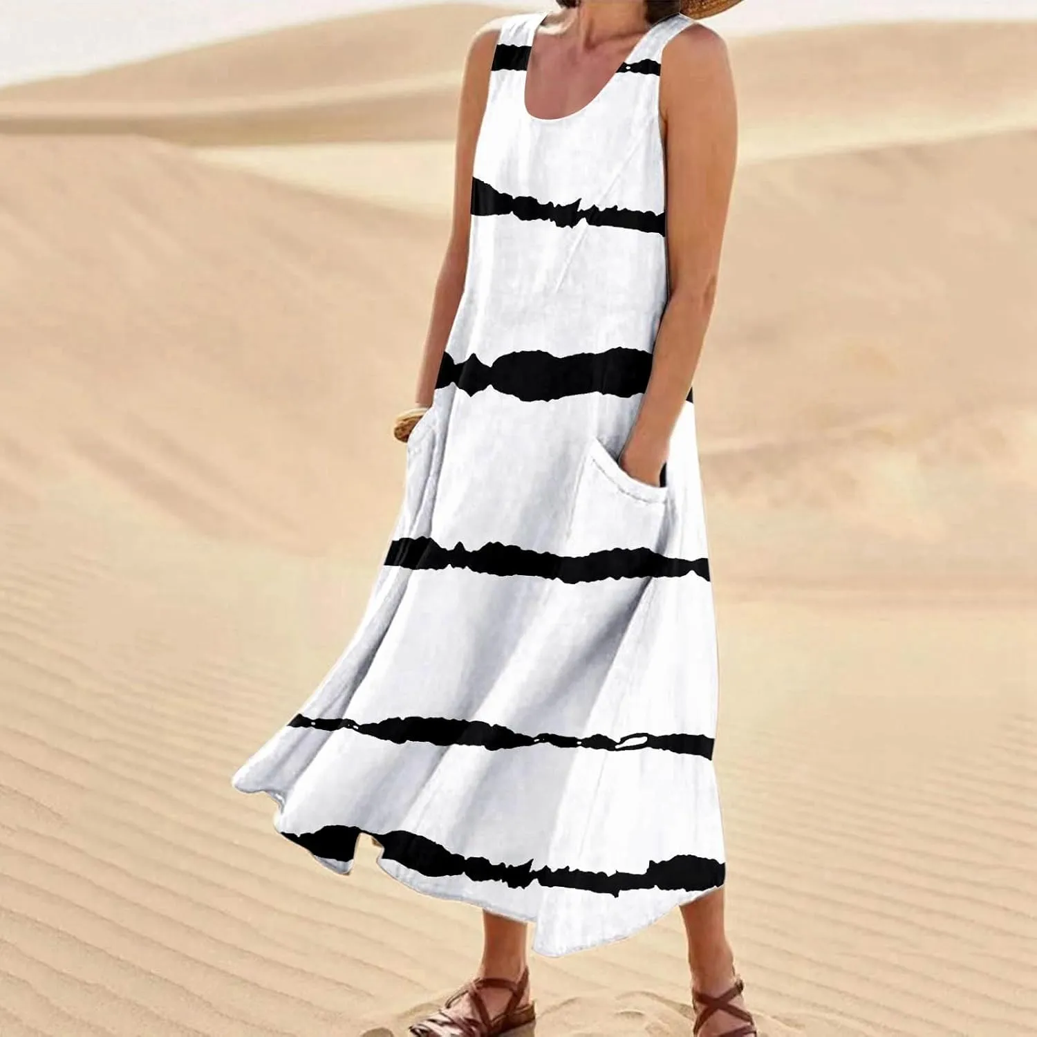 Midi Dresses for Women 2025 Summer Trendy Long Maxi Sleeveless Dresses Crew Neck Flowy Tiered Sun Dress with Pockets