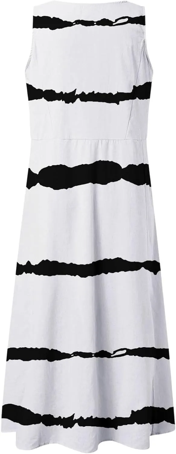 Midi Dresses for Women 2025 Summer Trendy Long Maxi Sleeveless Dresses Crew Neck Flowy Tiered Sun Dress with Pockets