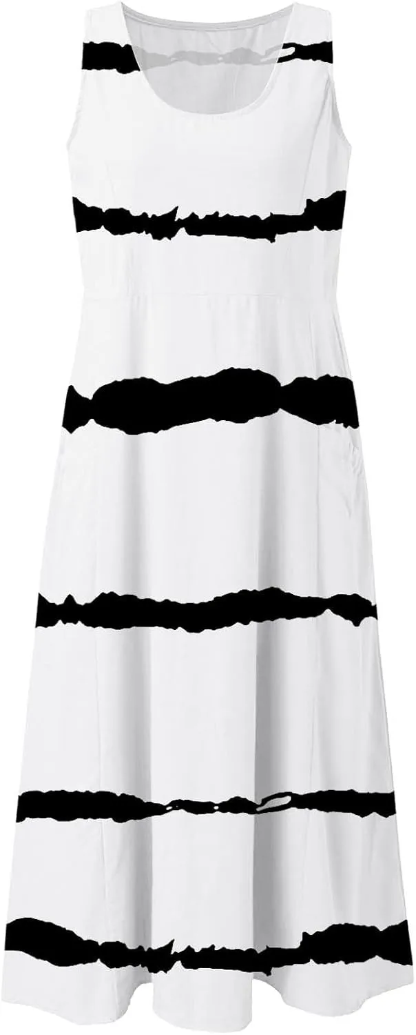 Midi Dresses for Women 2025 Summer Trendy Long Maxi Sleeveless Dresses Crew Neck Flowy Tiered Sun Dress with Pockets