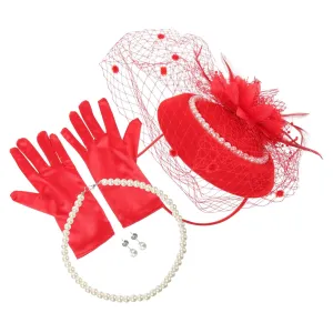 Mikinona Fashionable Vintage Tea Party Bridal Fascinator Hat Set Mesh Veil Headband Pearl Necklace Earrings Gloves