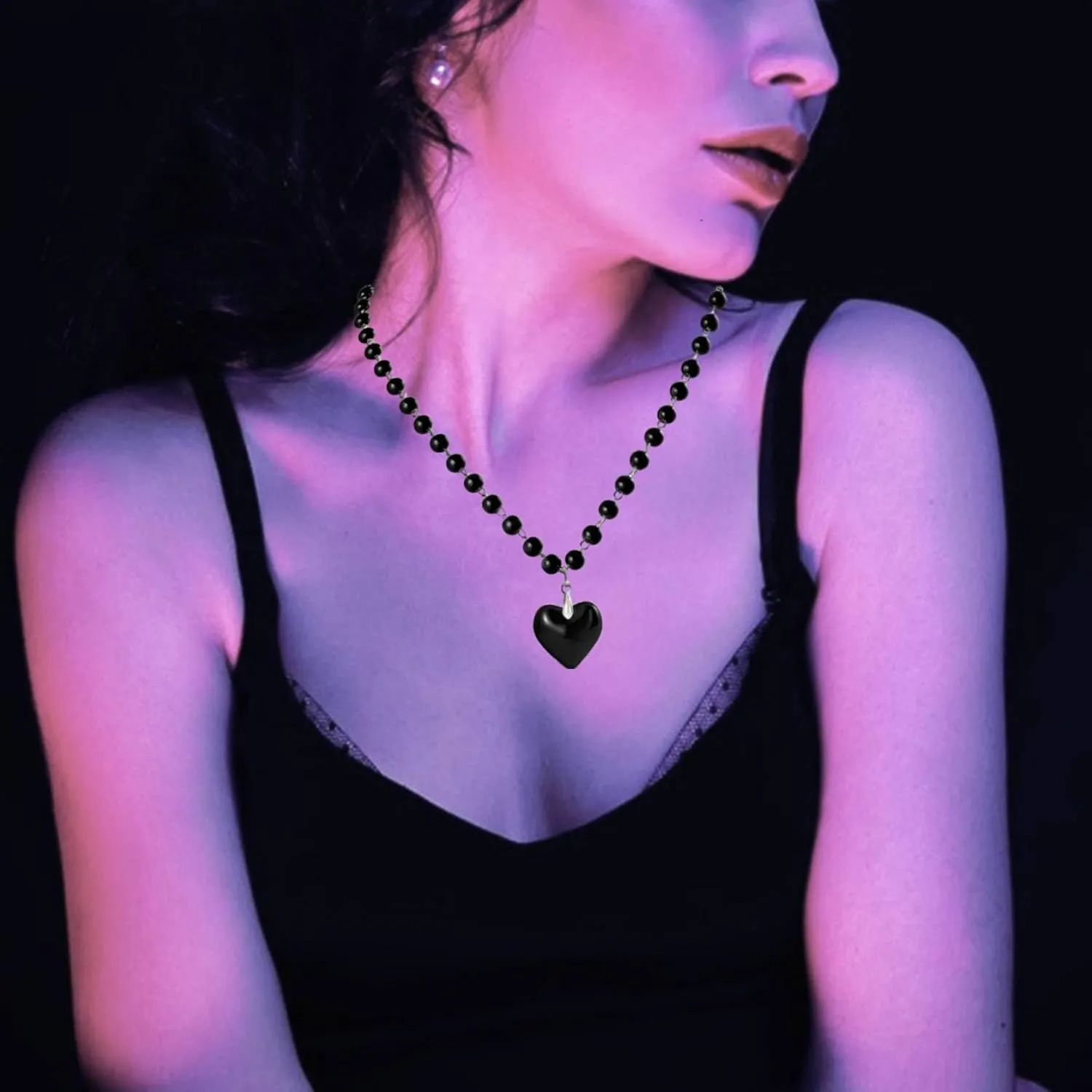 MILAKOO Chunky Puffy Heart Choker Necklace,Pentagram Star Charms Pendant Goth Choker for Women Halloween Layered Ball Beads Necklace