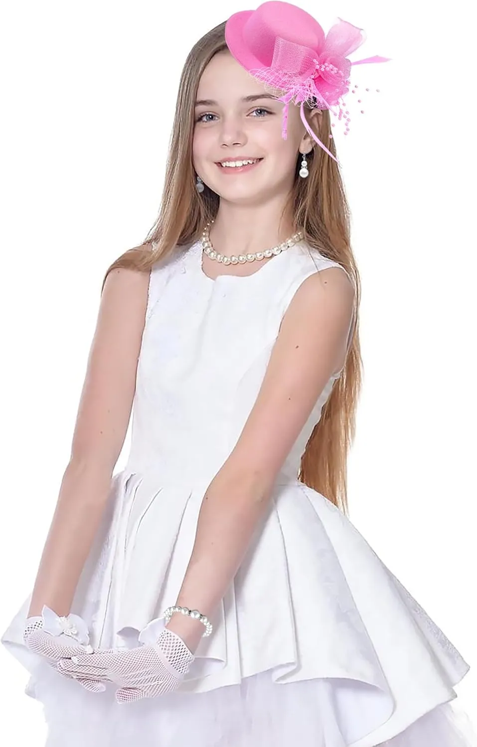 Mini Tea Party Hat Girl Fascinator with Pearl Necklace Earring Gloves Set for Girls Birthday Wedding 1920s Costume