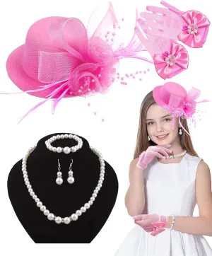 Mini Tea Party Hat Girl Fascinator with Pearl Necklace Earring Gloves Set for Girls Birthday Wedding 1920s Costume