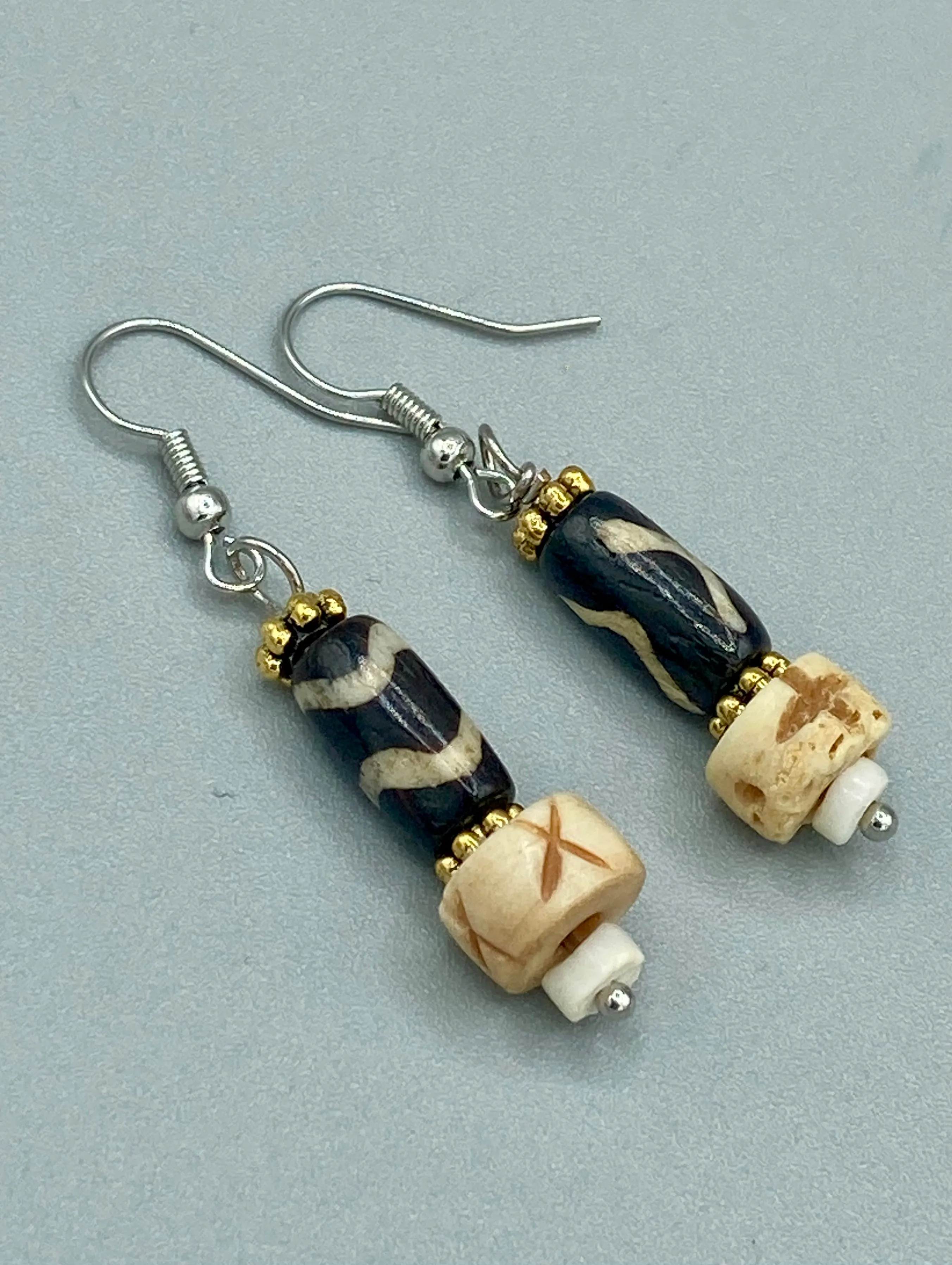 Mismatched Cylinder And Round Bone Beads With Wavy Lines Designs Bead Earrings, Neutral Color Earrings, African Pattern Beads