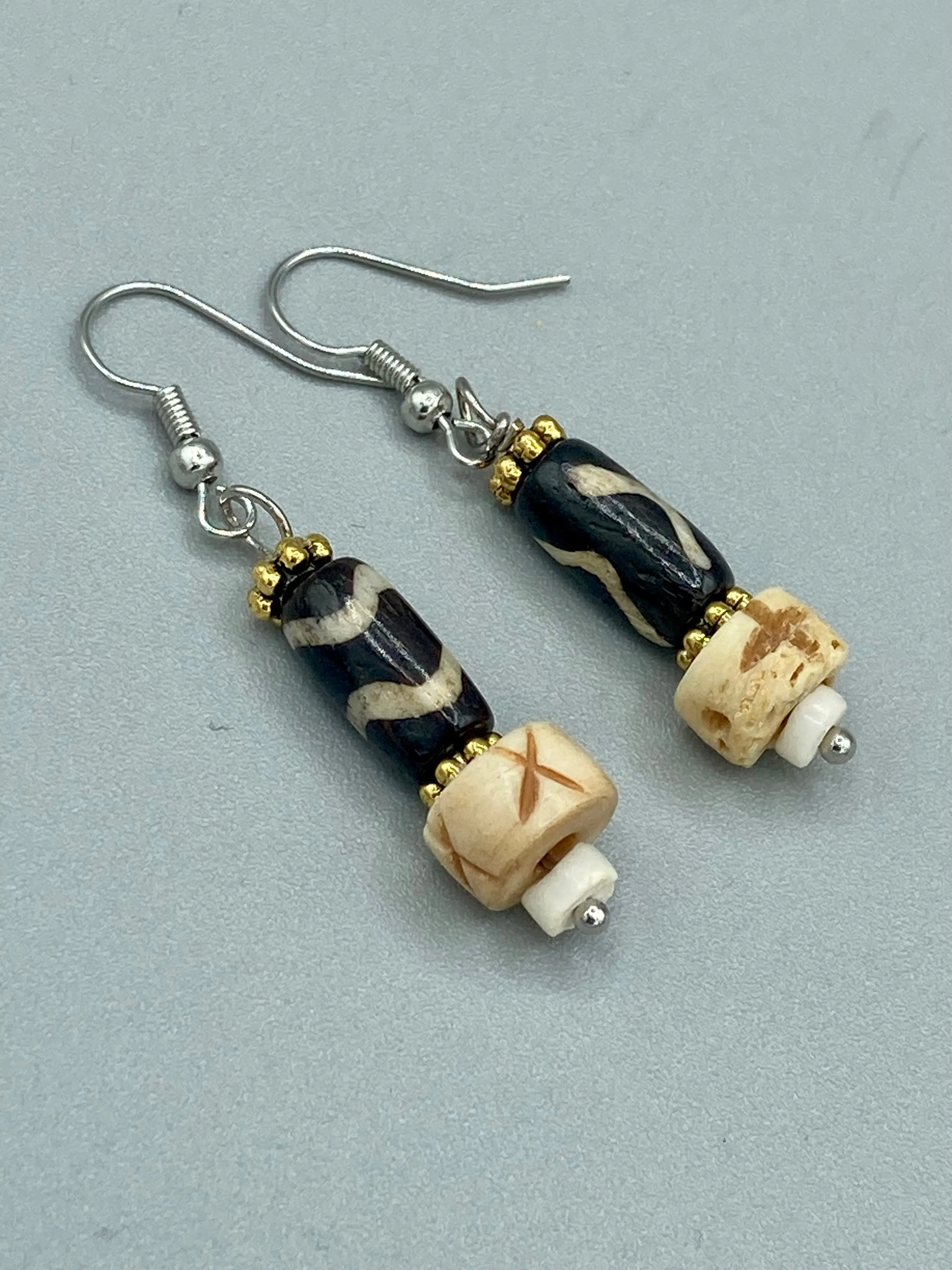 Mismatched Cylinder And Round Bone Beads With Wavy Lines Designs Bead Earrings, Neutral Color Earrings, African Pattern Beads