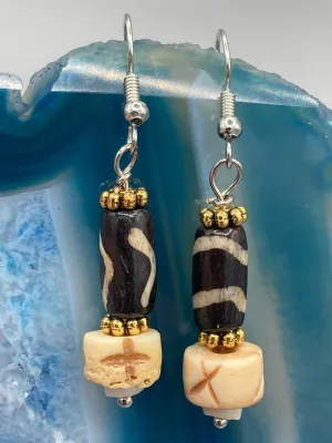 Mismatched Cylinder And Round Bone Beads With Wavy Lines Designs Bead Earrings, Neutral Color Earrings, African Pattern Beads