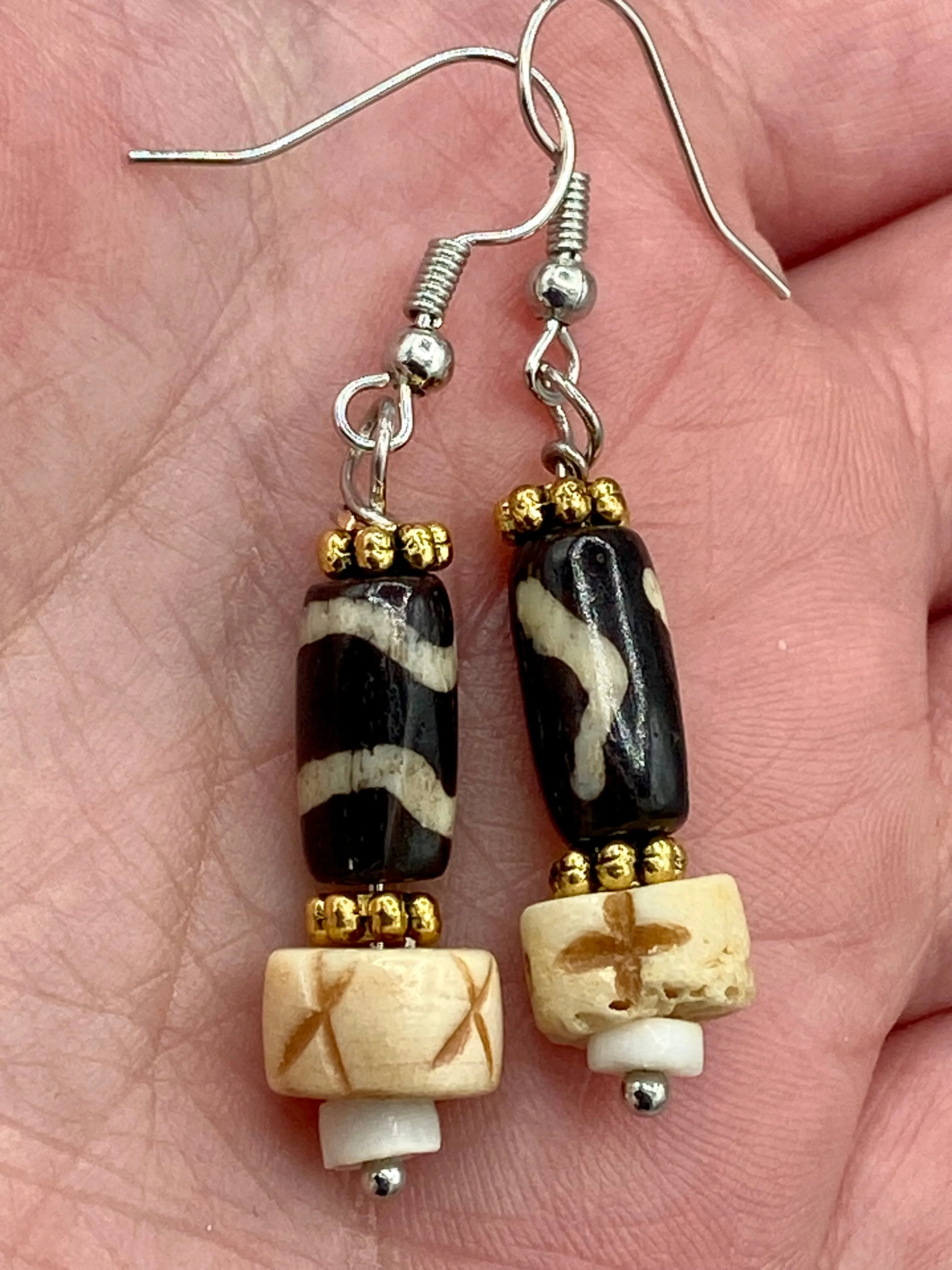 Mismatched Cylinder And Round Bone Beads With Wavy Lines Designs Bead Earrings, Neutral Color Earrings, African Pattern Beads