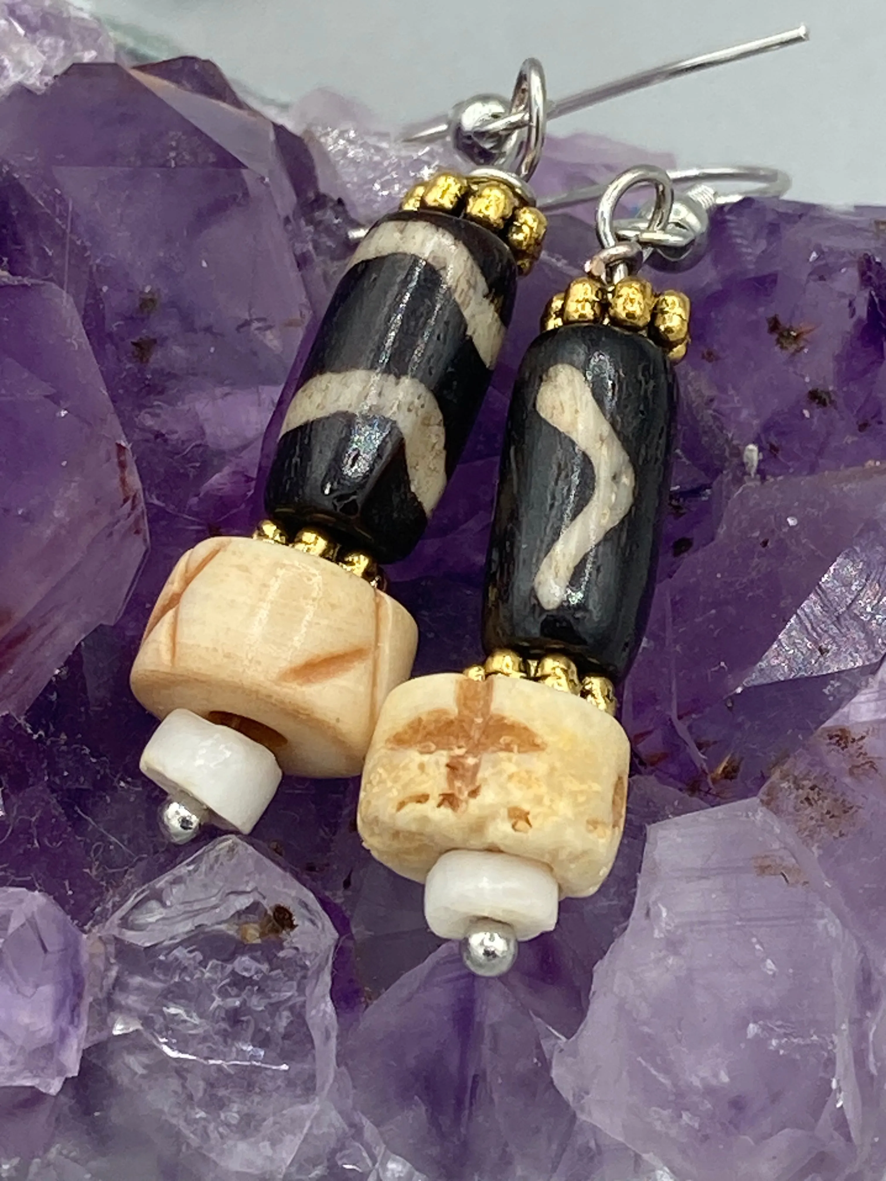 Mismatched Cylinder And Round Bone Beads With Wavy Lines Designs Bead Earrings, Neutral Color Earrings, African Pattern Beads