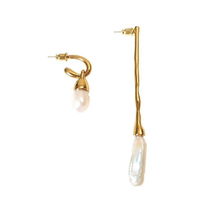 Mismatched Pearl Gold Drop Earrings