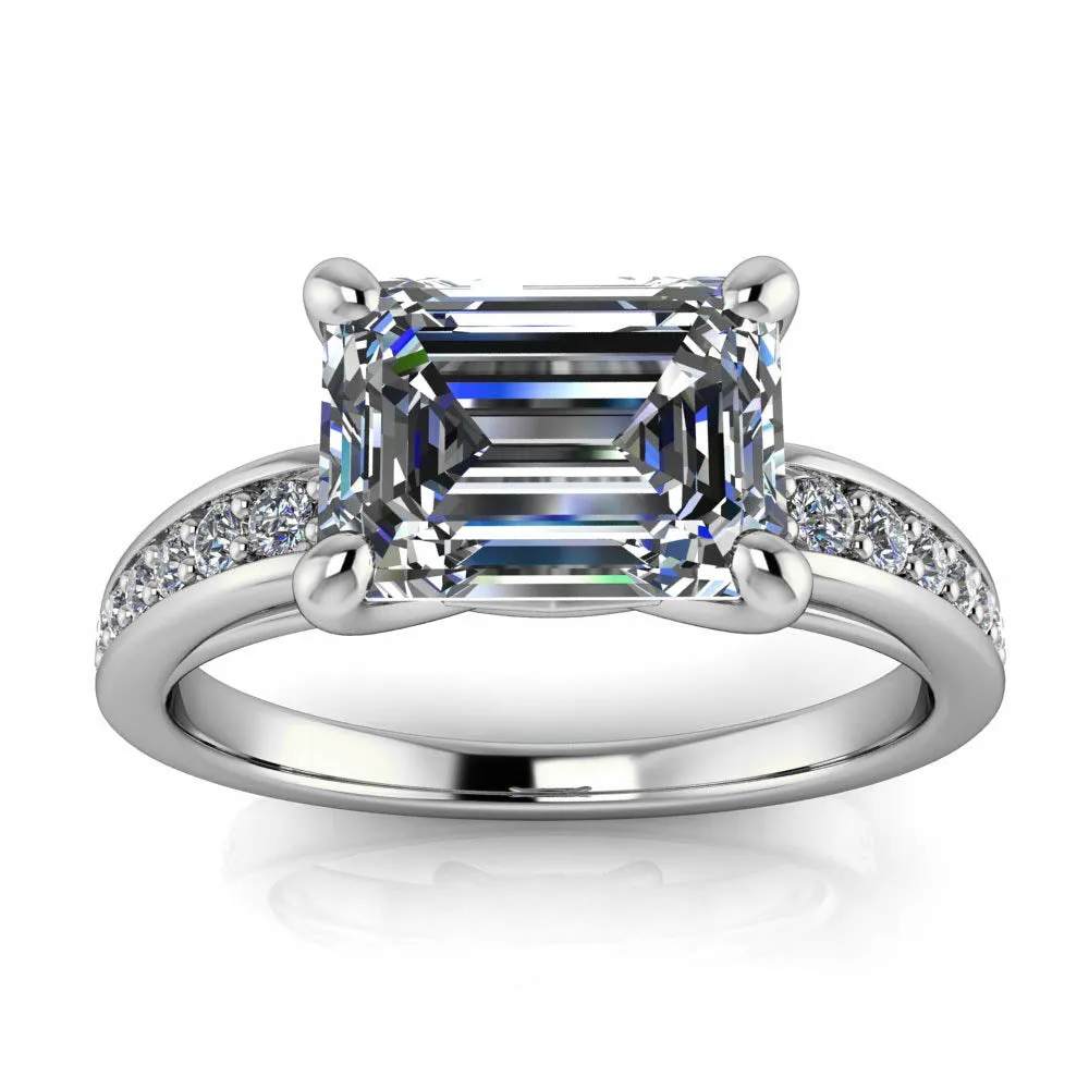 Modern East-West Bypass Engagement Ring with Emerald-Cut Center and Diamond Accent Sides – Moissanite or Lab-Grown Diamond in Gold or Platinum - Esme