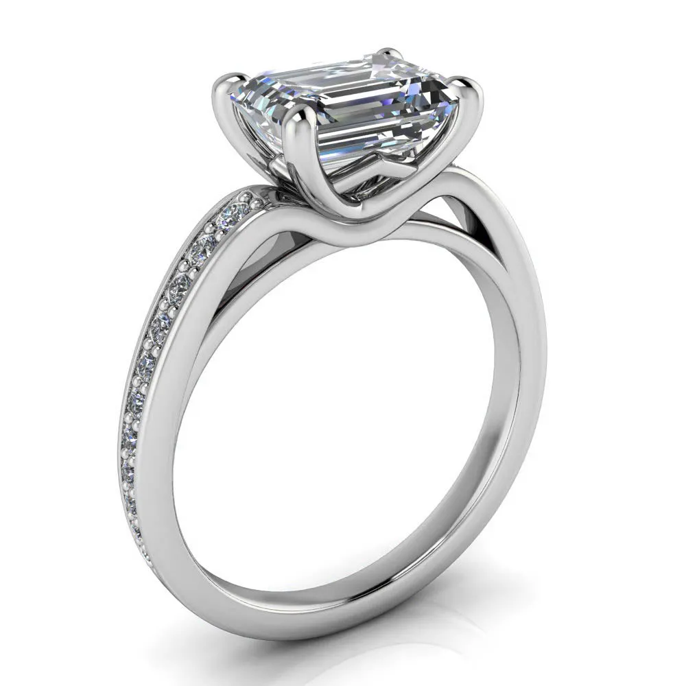 Modern East-West Bypass Engagement Ring with Emerald-Cut Center and Diamond Accent Sides – Moissanite or Lab-Grown Diamond in Gold or Platinum - Esme