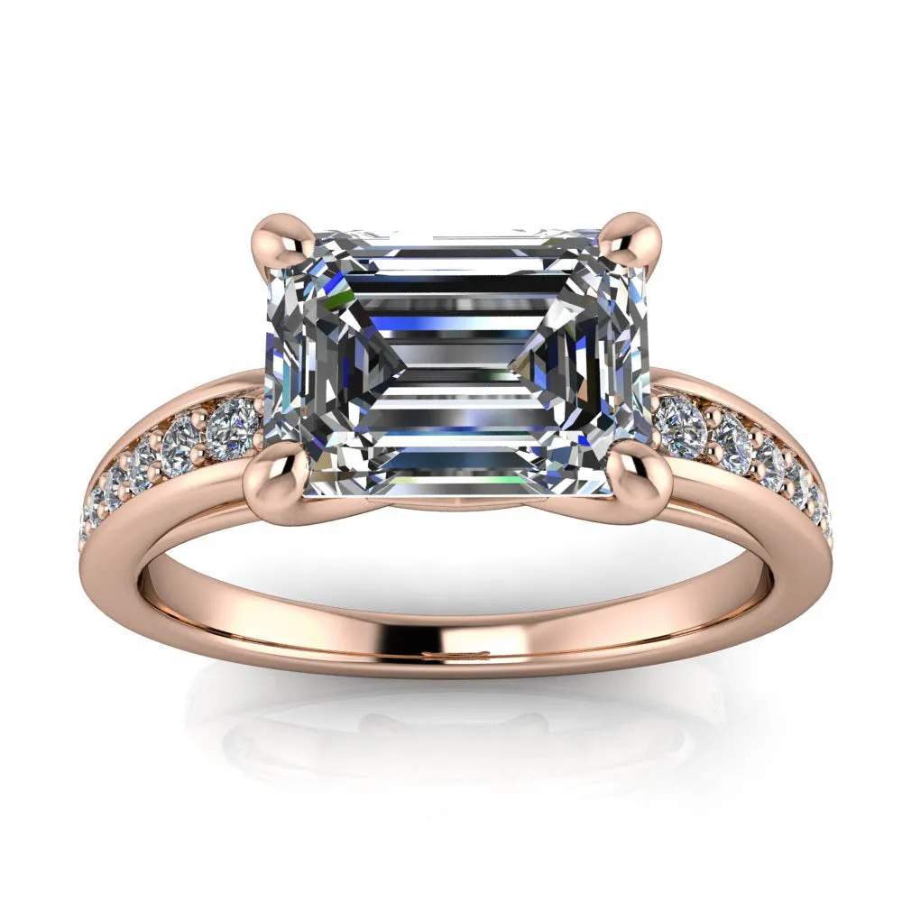 Modern East-West Bypass Engagement Ring with Emerald-Cut Center and Diamond Accent Sides – Moissanite or Lab-Grown Diamond in Gold or Platinum - Esme
