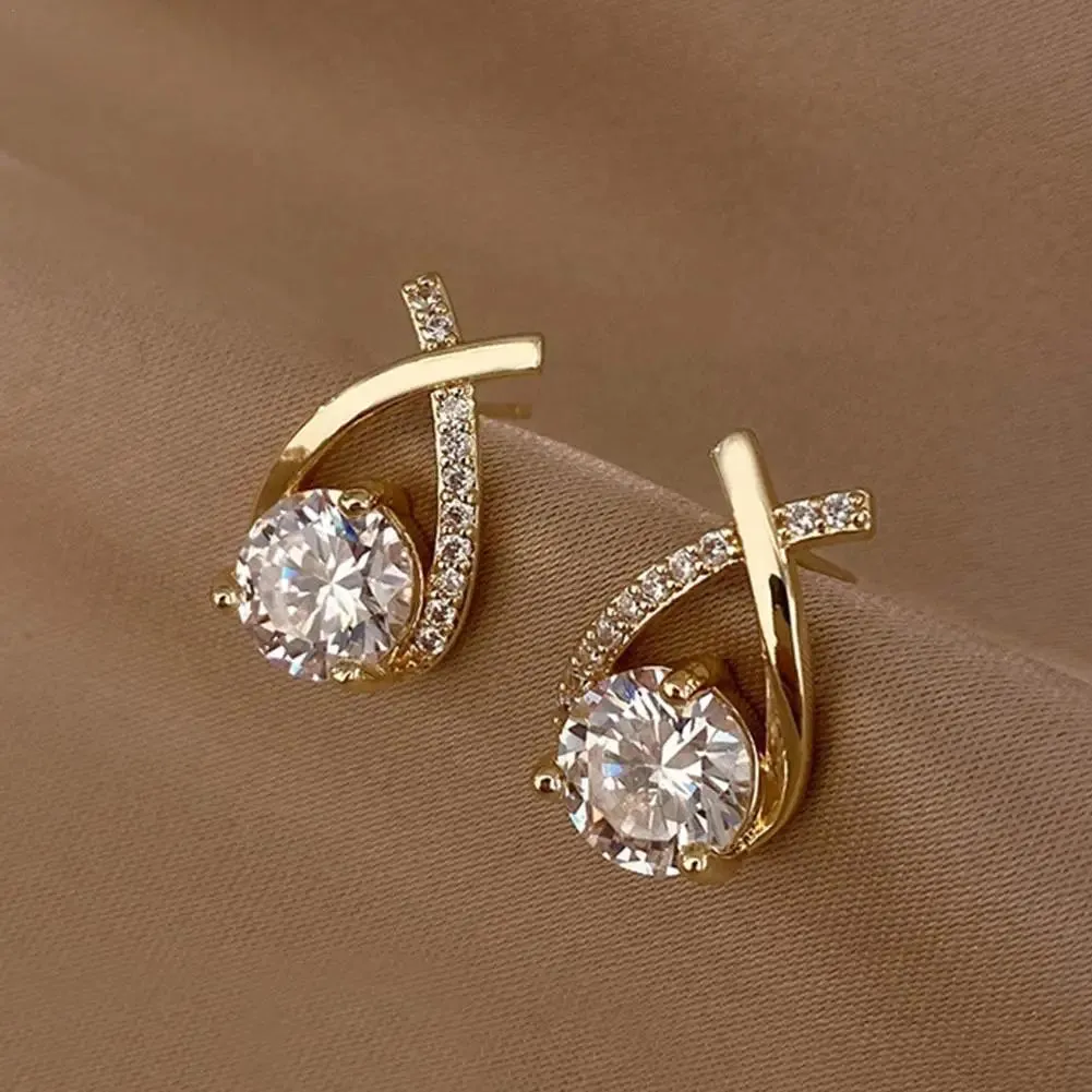 Modern Fashion Crystal Cross Fishtail Stud Earrings for Women Girls Elegant Jewelry Accessories