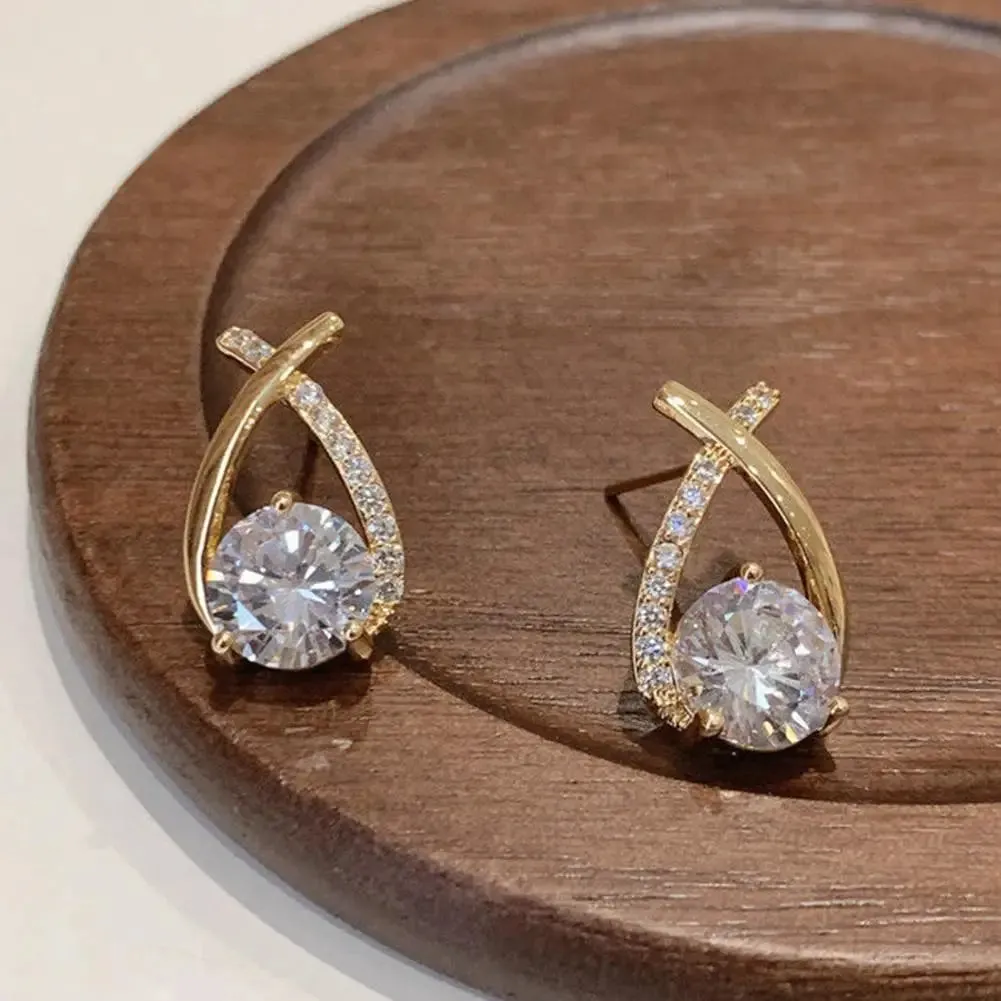 Modern Fashion Crystal Cross Fishtail Stud Earrings for Women Girls Elegant Jewelry Accessories