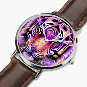 Montre à quartz avec bracelet en cuir ultra-fin (argent avec indicateurs) "Tigre violet" (165)