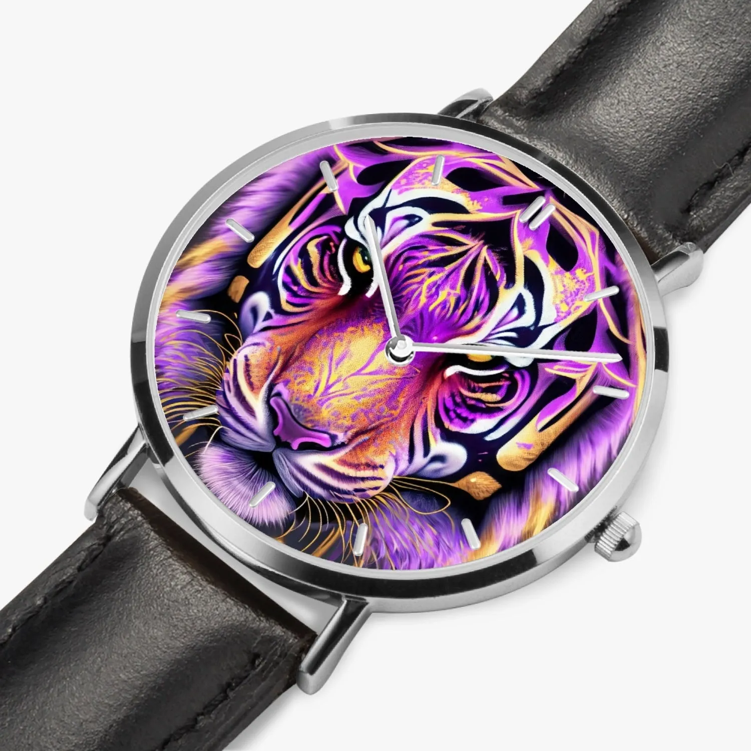 Montre à quartz avec bracelet en cuir ultra-fin (argent avec indicateurs) "Tigre violet" (165)