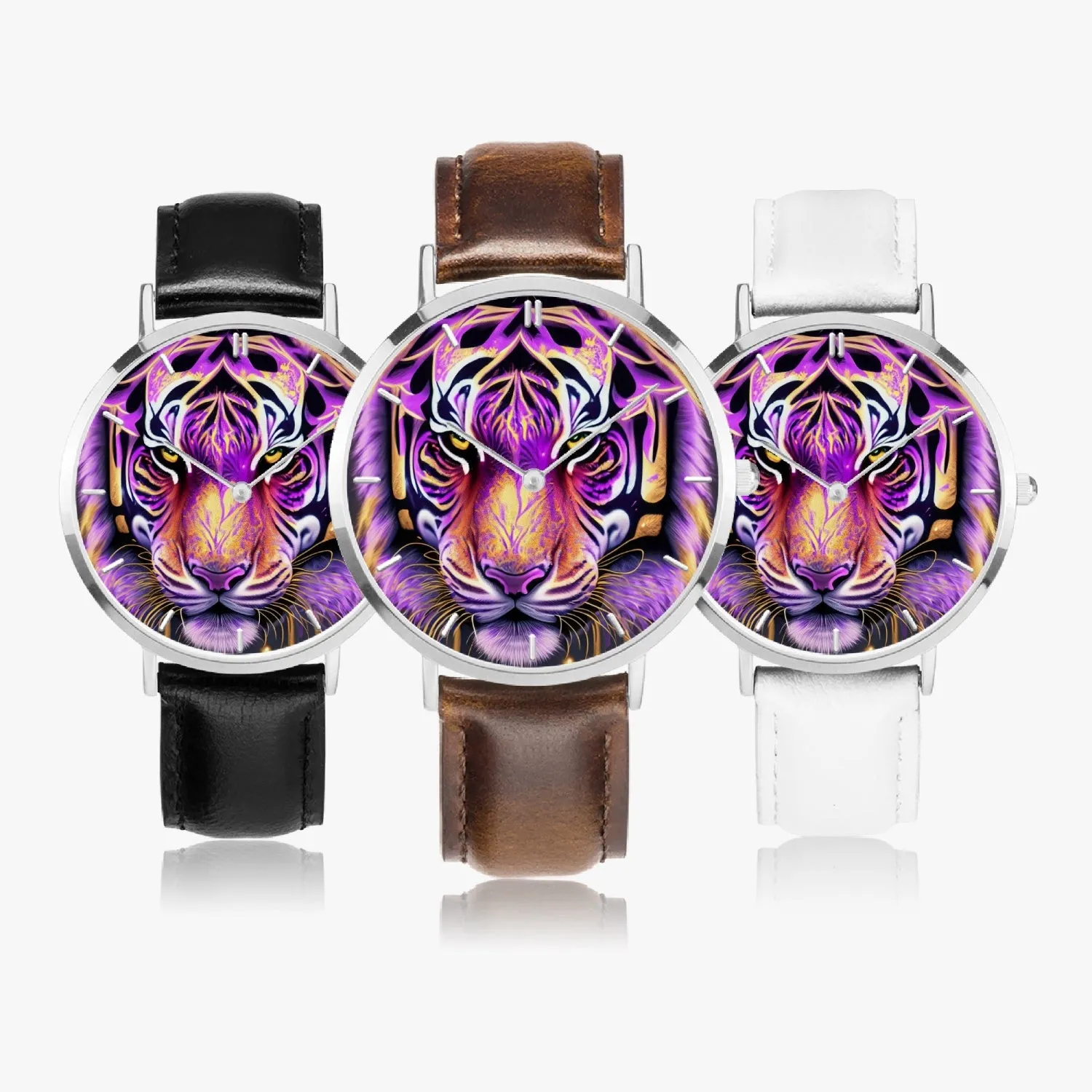 Montre à quartz avec bracelet en cuir ultra-fin (argent avec indicateurs) "Tigre violet" (165)
