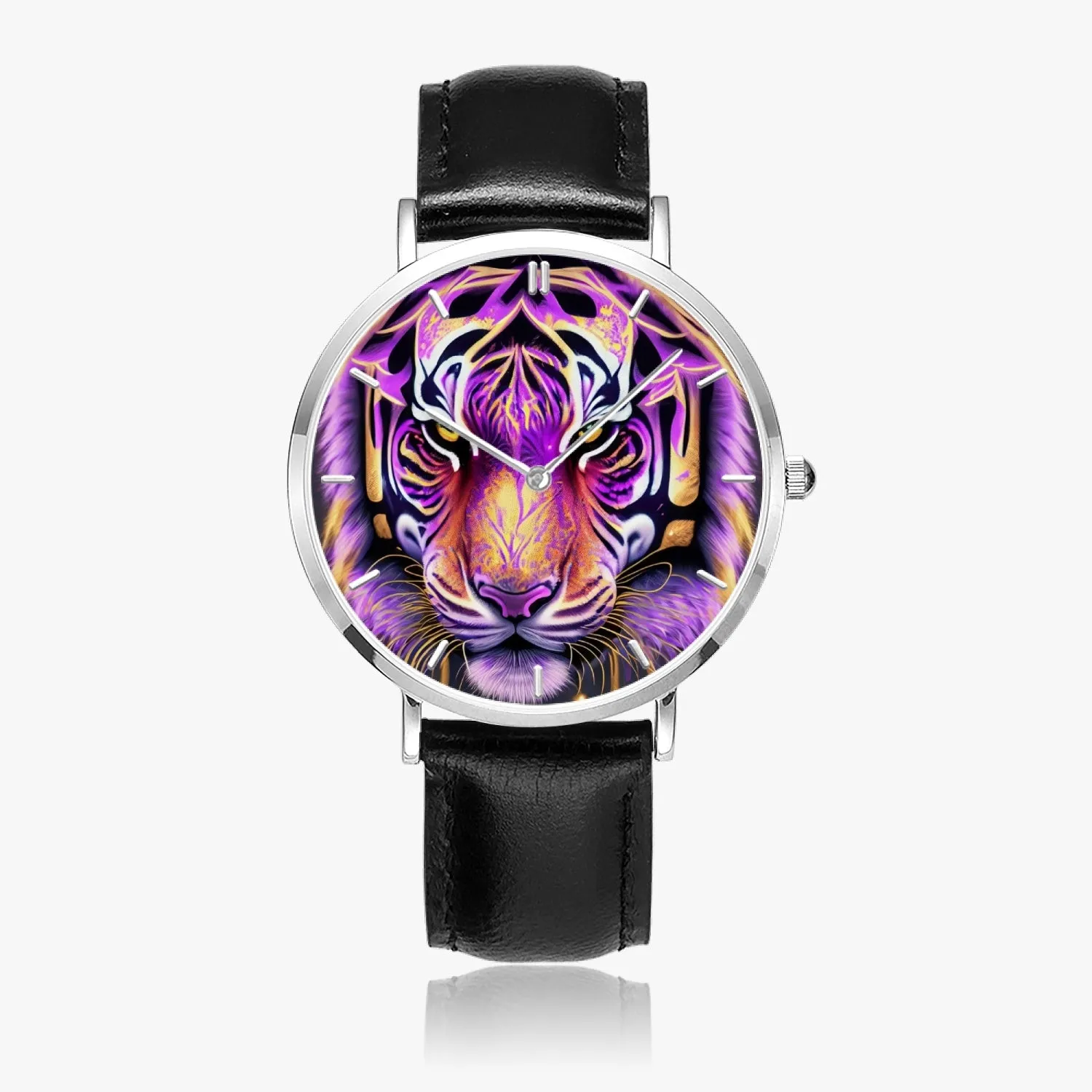 Montre à quartz avec bracelet en cuir ultra-fin (argent avec indicateurs) "Tigre violet" (165)