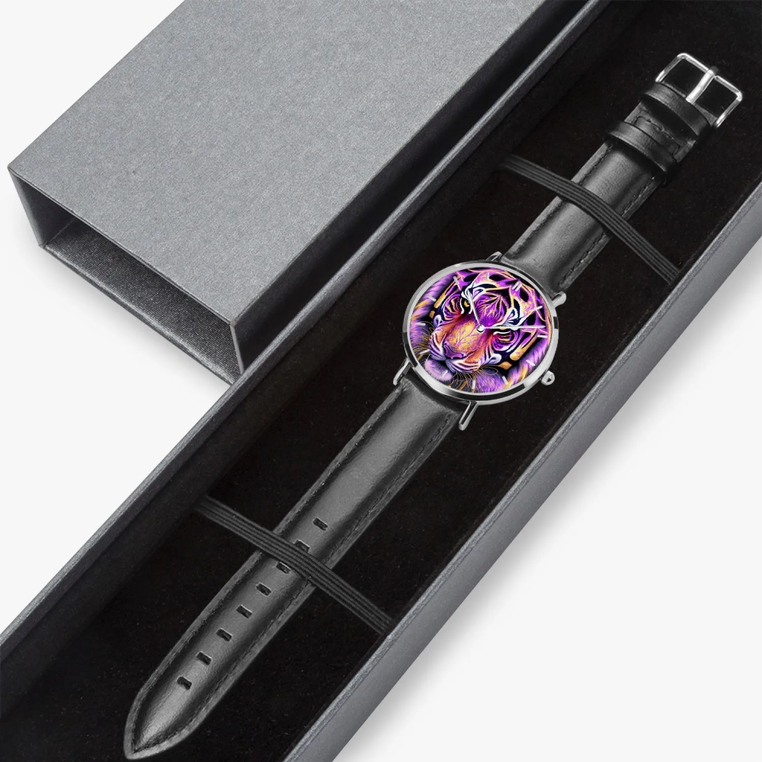 Montre à quartz avec bracelet en cuir ultra-fin (argent avec indicateurs) "Tigre violet" (165)
