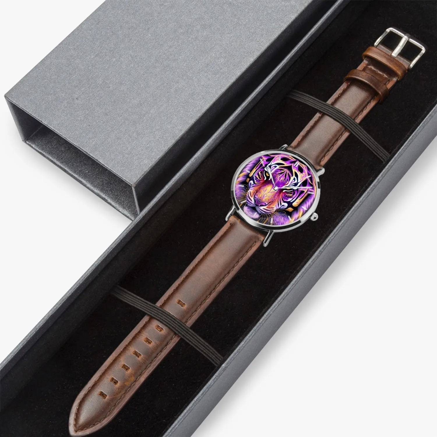 Montre à quartz avec bracelet en cuir ultra-fin (argent avec indicateurs) "Tigre violet" (165)