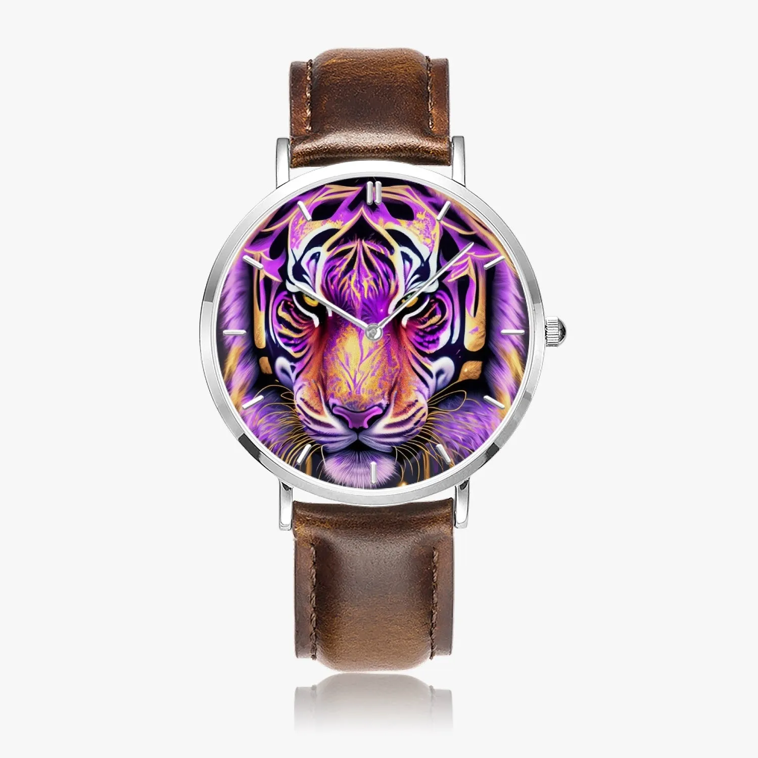 Montre à quartz avec bracelet en cuir ultra-fin (argent avec indicateurs) "Tigre violet" (165)