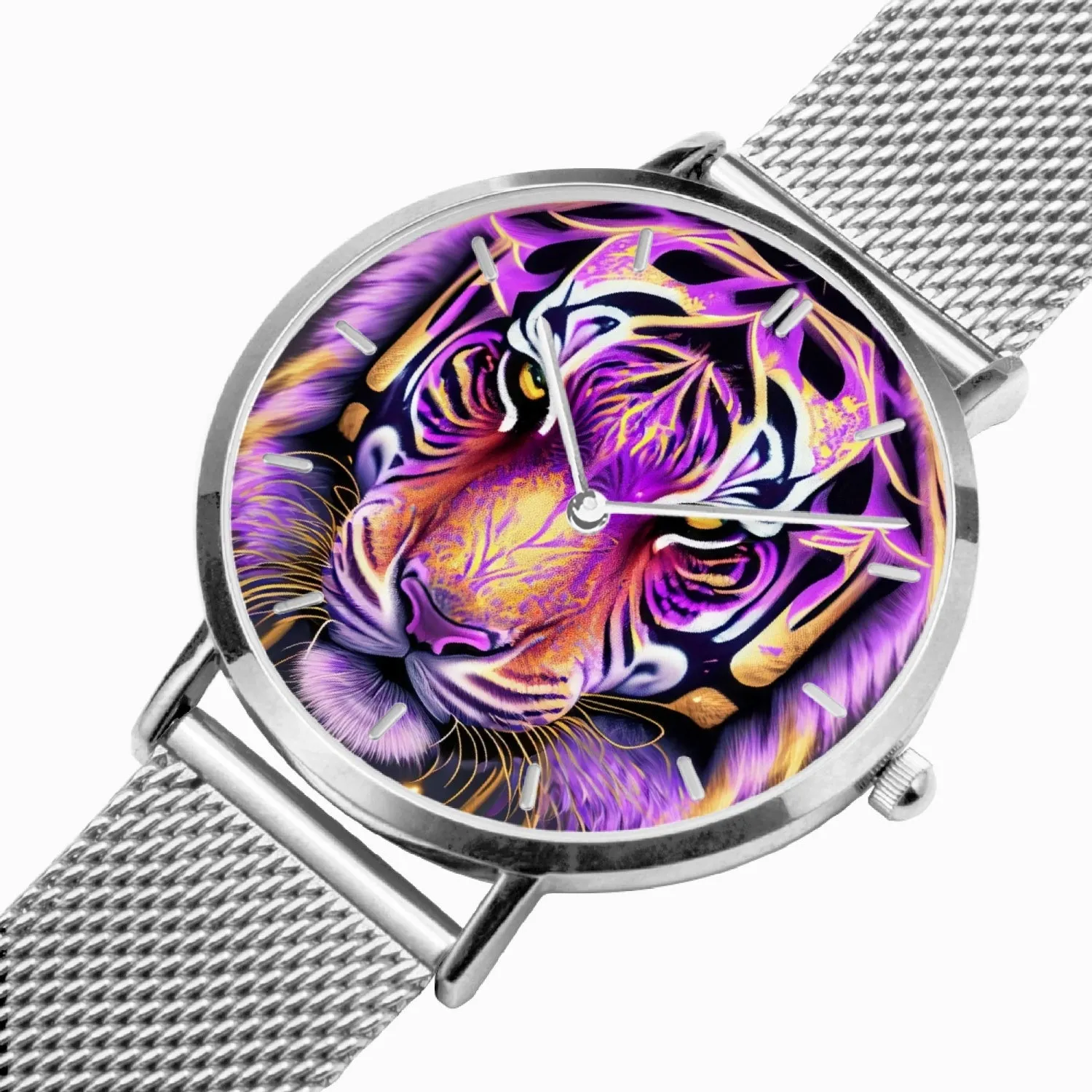 Montre à quartz avec bracelet en cuir ultra-fin (argent avec indicateurs) "Tigre violet" (165)