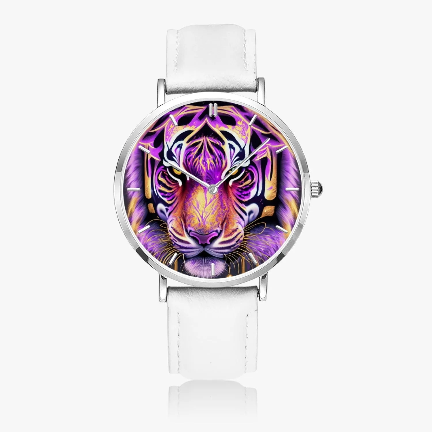 Montre à quartz avec bracelet en cuir ultra-fin (argent avec indicateurs) "Tigre violet" (165)