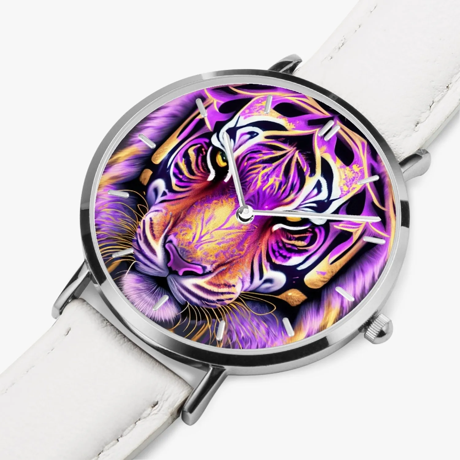 Montre à quartz avec bracelet en cuir ultra-fin (argent avec indicateurs) "Tigre violet" (165)