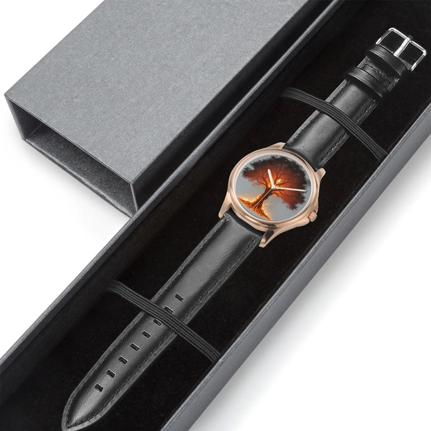 Montre à quartz classique et élégante avec bracelet en cuir (or rose) "Arbre rouge" (148)