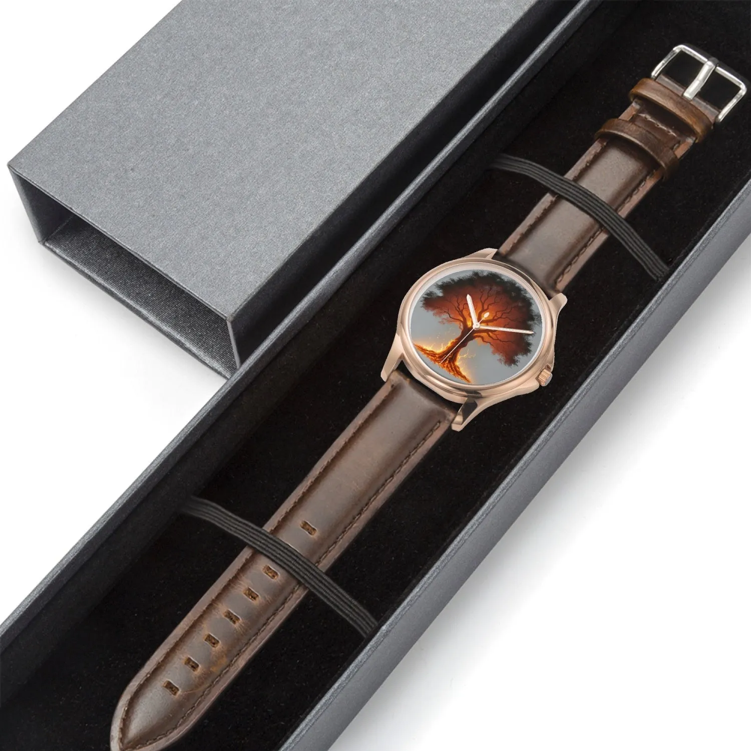 Montre à quartz classique et élégante avec bracelet en cuir (or rose) "Arbre rouge" (148)