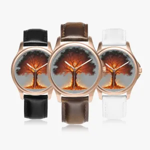Montre à quartz classique et élégante avec bracelet en cuir (or rose) "Arbre rouge" (148)